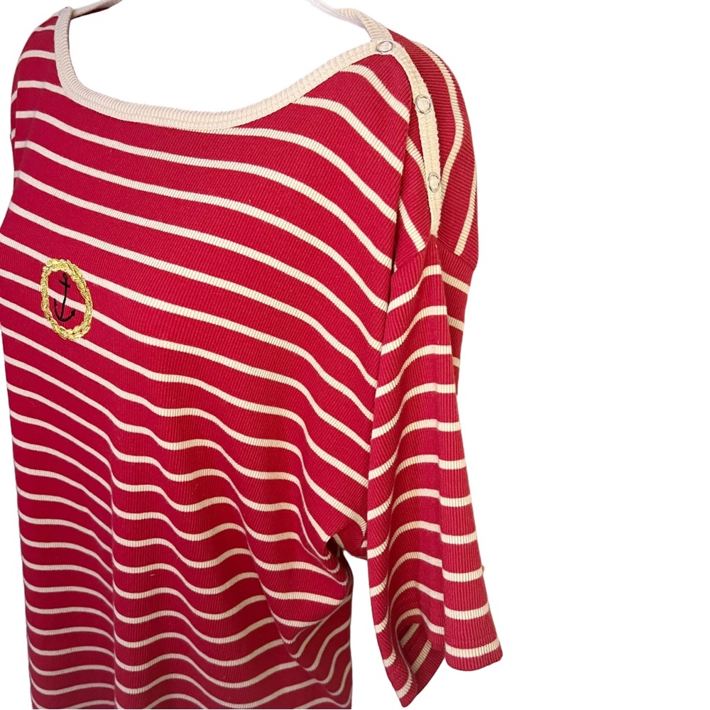 Retro Sag Harbor 3X Anchor Crest Top Red Stripe Button Shoulder Nautical Prep